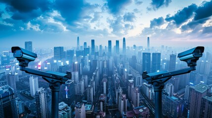 A network of security cameras monitoring a city skyline, ensuring safety and surveillance in urban environments.