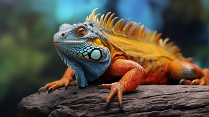 Fototapeta premium close-up of an iguana with a vibrant orange throat and yellow and blue scales perched on a log.