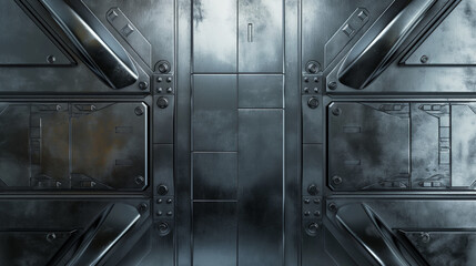 Futuristic metallic door in a dark industrial setting, detailed with bolts and panels, evoking a sense of mystery and advanced technology, perfect for science fiction and cyberpunk themed projects