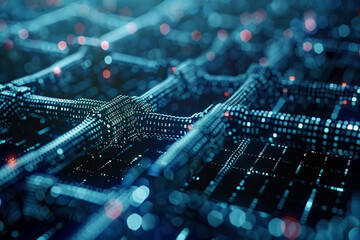 A close up hyper realistic visualization of a digital blockchain network in action 