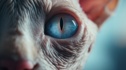 close-up portrait of a hairless Sphynx cat with detailed wrinkles and captivating golden eyes.