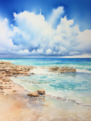 Watercolor seascape painting. Illustration of  tropical beach with cloudy sky and ocean waves. Blue sea in sunny day. Summer vacation and travel concept.