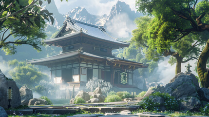 A Japanese temple surrounded by nature. Asian fantasy world, green forest and misty mountain...