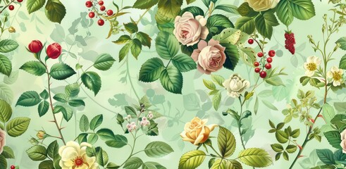 Sophisticated and detailed vintage floral pattern with pastel roses and leaf design, perfect for wallpapers and elegant fabrics