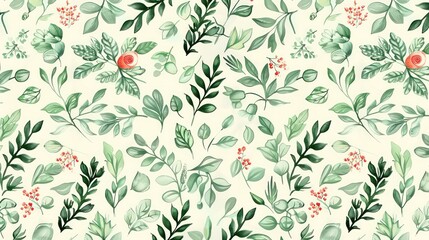 A seamless pattern showcasing a variety of green foliage and scattered red berries with a hand-drawn touch
