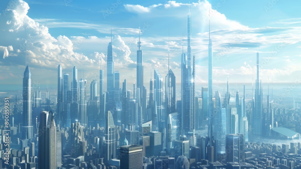 Aufkleber a panoramic view of a futuristic city skyline with towering skyscrapers and state-of-the-art archite