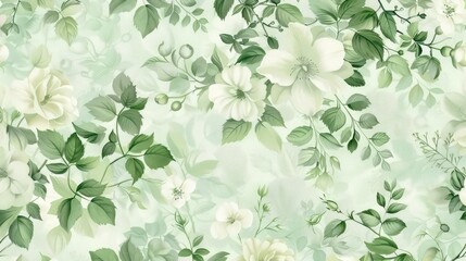 Soft and inviting botanical pattern with large white flowers and lush green leaves against a light background