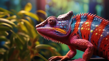 closeup of a colorful chameleon lizard.