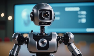 Robot with a Camera accessory on its head is perched on a table