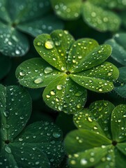 A close up of a clover leaf with water droplets