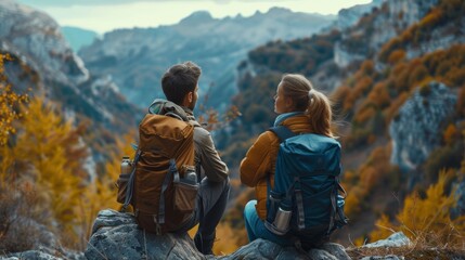 A couple discussing their life insurance options while enjoying a scenic outdoor hike, incorporating financial planning into their active lifestyle.