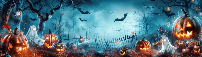 A spooky Halloween scene with glowing jack-o-lanterns, ghosts, bats, and a graveyard in a dark, foggy forest. Halloween and All Saints Day concept.