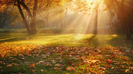 A serene autumn rural landscape, with a lush lawn bathed in warm sun rays, evoking a peaceful and picturesque setting.

