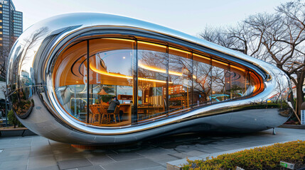 Exterior architecture of a futuristic take-out restaurant is a vision of sleek, modern design. Smooth, reflective surfaces.