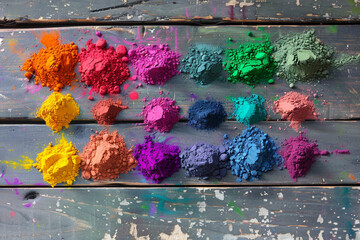 A collection of Holi powder in hues of happiness showcased on a wooden background inviting joyous celebration 
