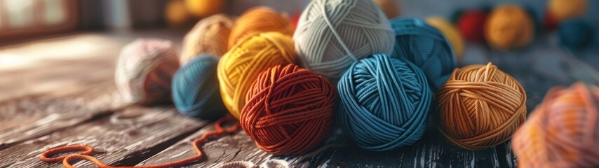 Soft and colorful wool balls for knitting, a collection of vibrant threads for handmade projects, crafting material.