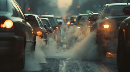 Fototapeta premium An atmospheric scene of blurred car silhouettes, enveloped by steam rising from their exhaust pipes on a cold day.