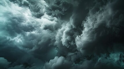 Naklejka premium A dramatic scene of intense black clouds gathering before a thunderstorm, creating a moody and ominous atmosphere.