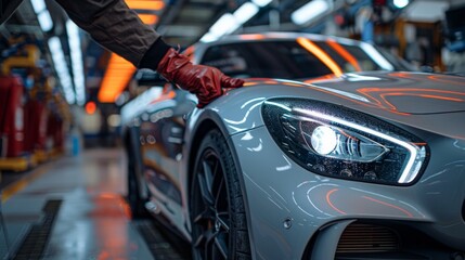 Fototapeta premium A detailer applying a ceramic coating to a car's paint, providing long-lasting protection against environmental contaminants and UV damage.
