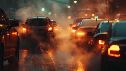 An atmospheric scene of blurred car silhouettes, enveloped by steam rising from their exhaust pipes on a cold day.

