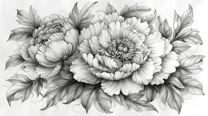   A B&W sketch of three big blooms with foliage on both sides