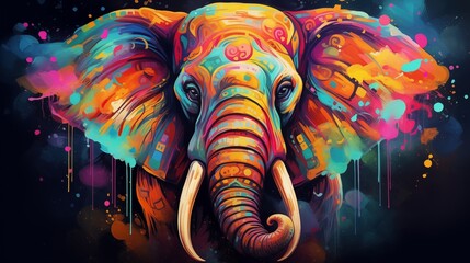 Colorful painting of a elephant with creative abstract elements as background.