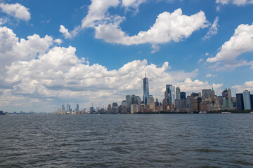 Captivating New York and New Jersey urban skyline with striking and modern skyscrapers reflecting...