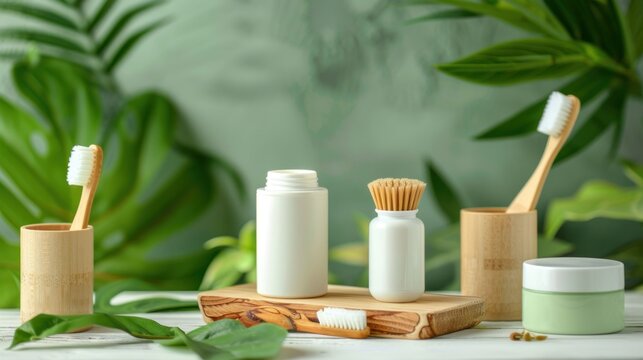 Oral health product mockup with toothbrush and toothpaste on organic background. AI generated image