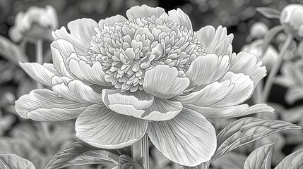   A monochrome picture of a prominent bloom amidst a sea of foliage in the foreground is a black and white image of a flower