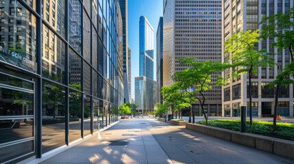 Fototapeta premium A cityscape featuring modern corporate office buildings, characterized by sleek glass facades and sharp architectural lines.