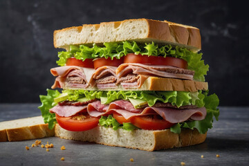 Advertising image of a huge delicious long sandwich with meat on a wooden board. A giant multi-layered very filling burger, pieces of toast bread, meat, cheese, sausage, pickles, lettuce and tomatoes.