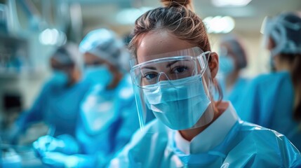 The image captures a team of surgeons focused on a surgical procedure, dressed in blue scrubs, in a well-equipped operating room