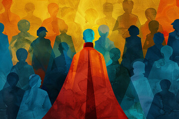 A conceptual illustration of a figure wearing a distinctively colored cloak among a crowd, embodying leadership and distinction  - obrazy, fototapety, plakaty