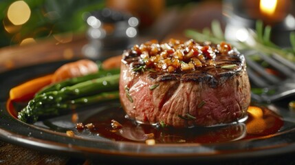 national filet mignon day, restaurant in background  