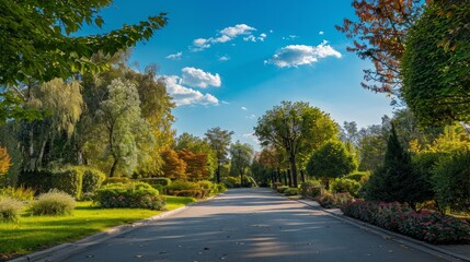Obraz premium An empty street runs through a well-maintained garden under a clear blue sky