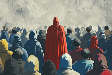 A conceptual illustration of a figure wearing a distinctively colored cloak among a crowd, embodying leadership and distinction 