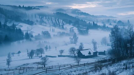 A foggy winter morning in the Carpathian countryside, featuring snow-covered hills under a stormy sky