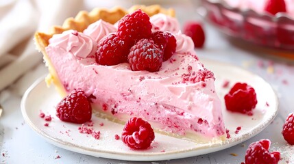 raspberry pie on plate in kitchen, raspberry cream pie day 