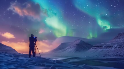 A photographer capturing the beauty of the aurora borealis with a camera set up on a snowy hillside, freezing the moment in time. - obrazy, fototapety, plakaty
