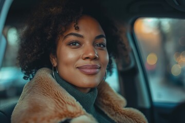 Close up portrait of a beautiful young woman smiling while driving a car