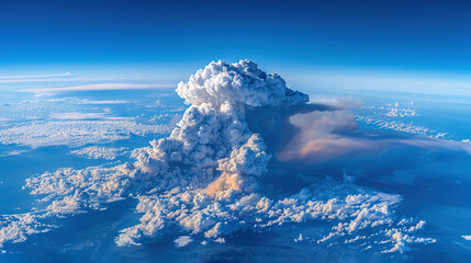   A stunning aerial shot of a cloud of smoke and steam billowing from the summit of a volcano situated in the heart of the ocean