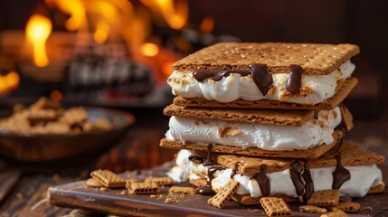snack dessert, marshmallows, graham cracker, national s'mores day, campfire in background 