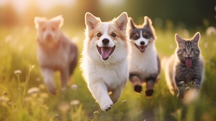 Cute funny dog and cat group jumps and running and happily a field blurred background.