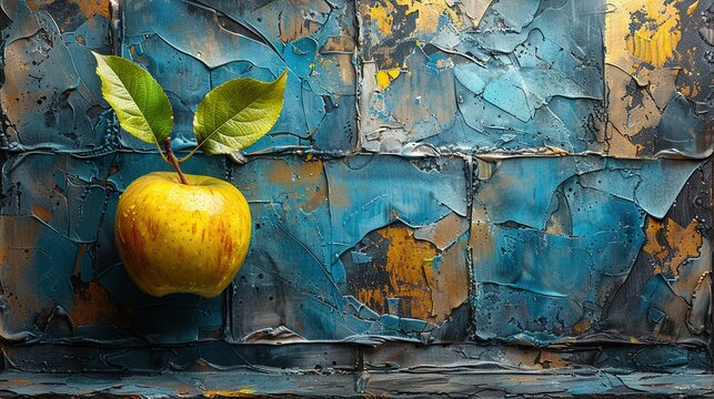  A yellow apple is painted on a blue and yellow wall with a hanging green leaf