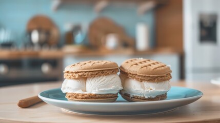 two ice cream sandwich on a blue plate, kitchen in background
