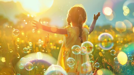 happy young girl in a field and bubbles, with sunlight streaming down, world day of joy 