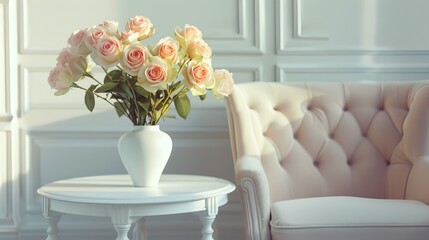 A stylish arrangement of pink and yellow roses in a sleek, modern white vase set on a white table 