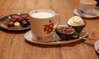 Hot chocolate with wipped cream on the side. 