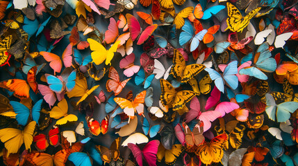 Wall of fluttering butterflies in various colors