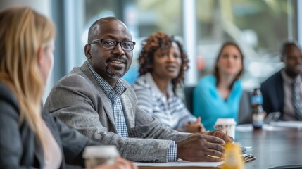 A group of coworkers participating in a lunchtime seminar on life insurance and retirement planning, fostering a culture of financial wellness in the workplace.